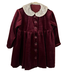 Handmade Girl’s Burgundy Velvet Button Up Dress Peter Pan Collar Long Sleeve 1yr